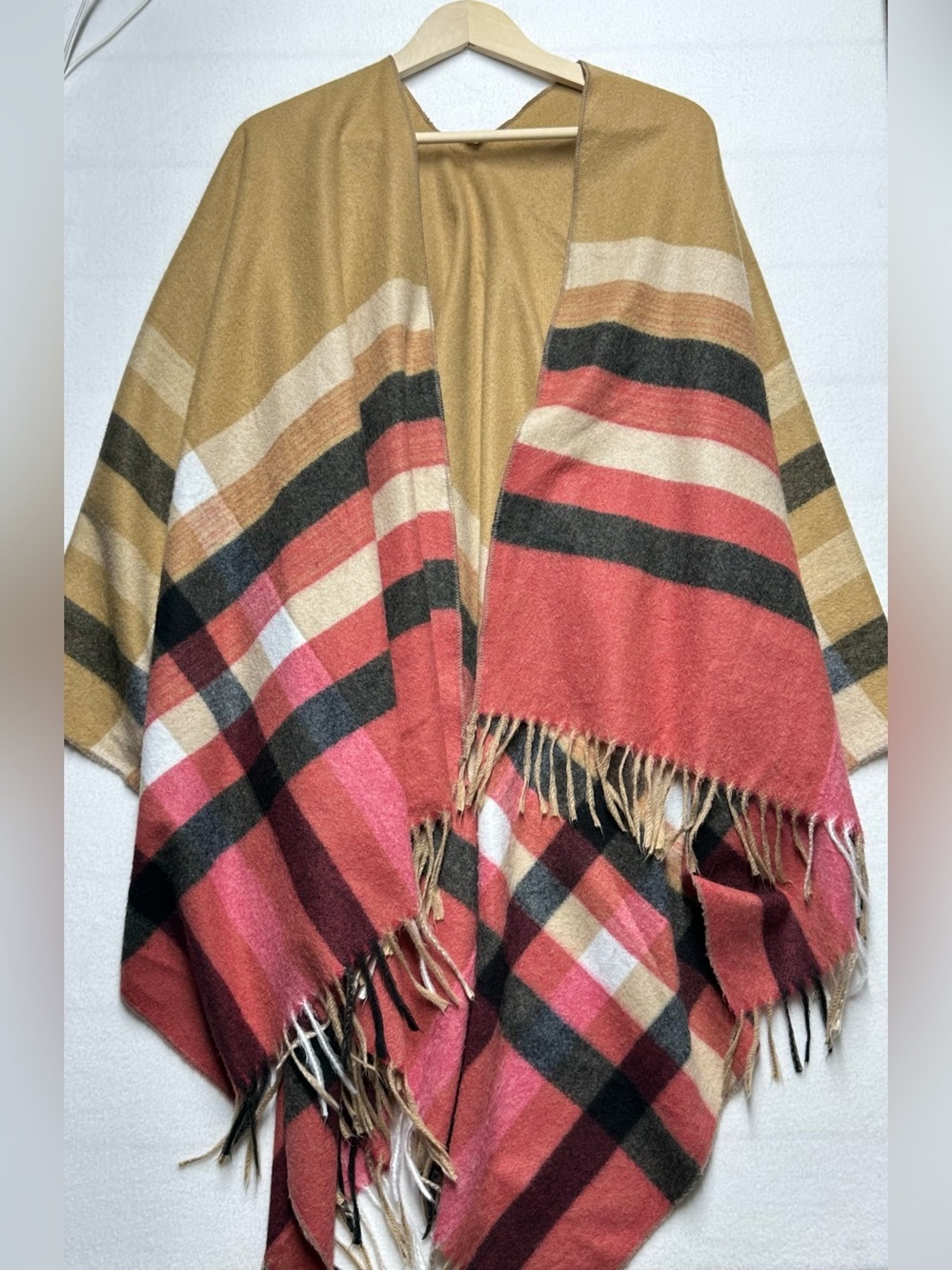 Plaid Fringe Poncho – Tan & Multi‑Color Check – Cozy Fall Layer